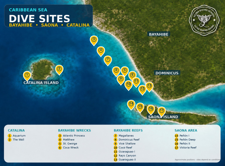 Ultra Marine Divers map showing 17 dive sites around Bayahibe, Catalina Island and Saona Island